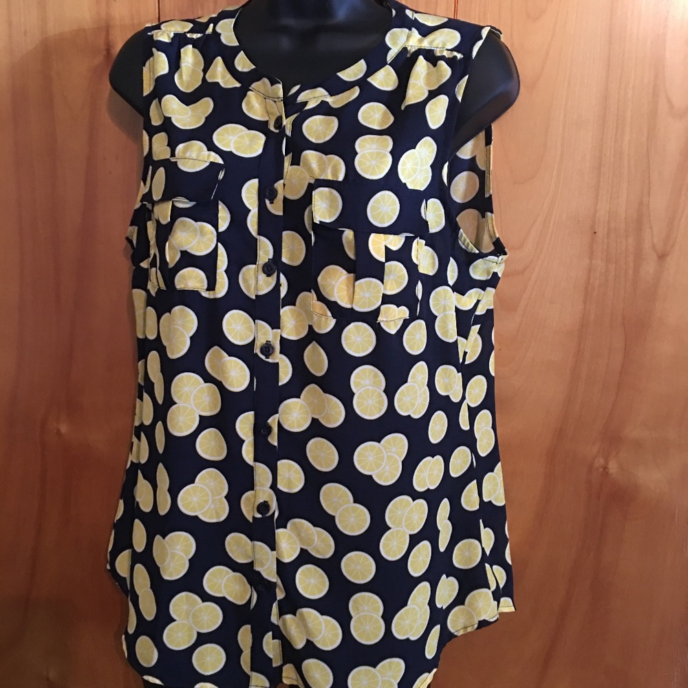 Soho navy and yellow sleeveless button down top